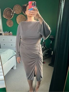 H&M Taupe Ruched Side-Slit Women's Dress